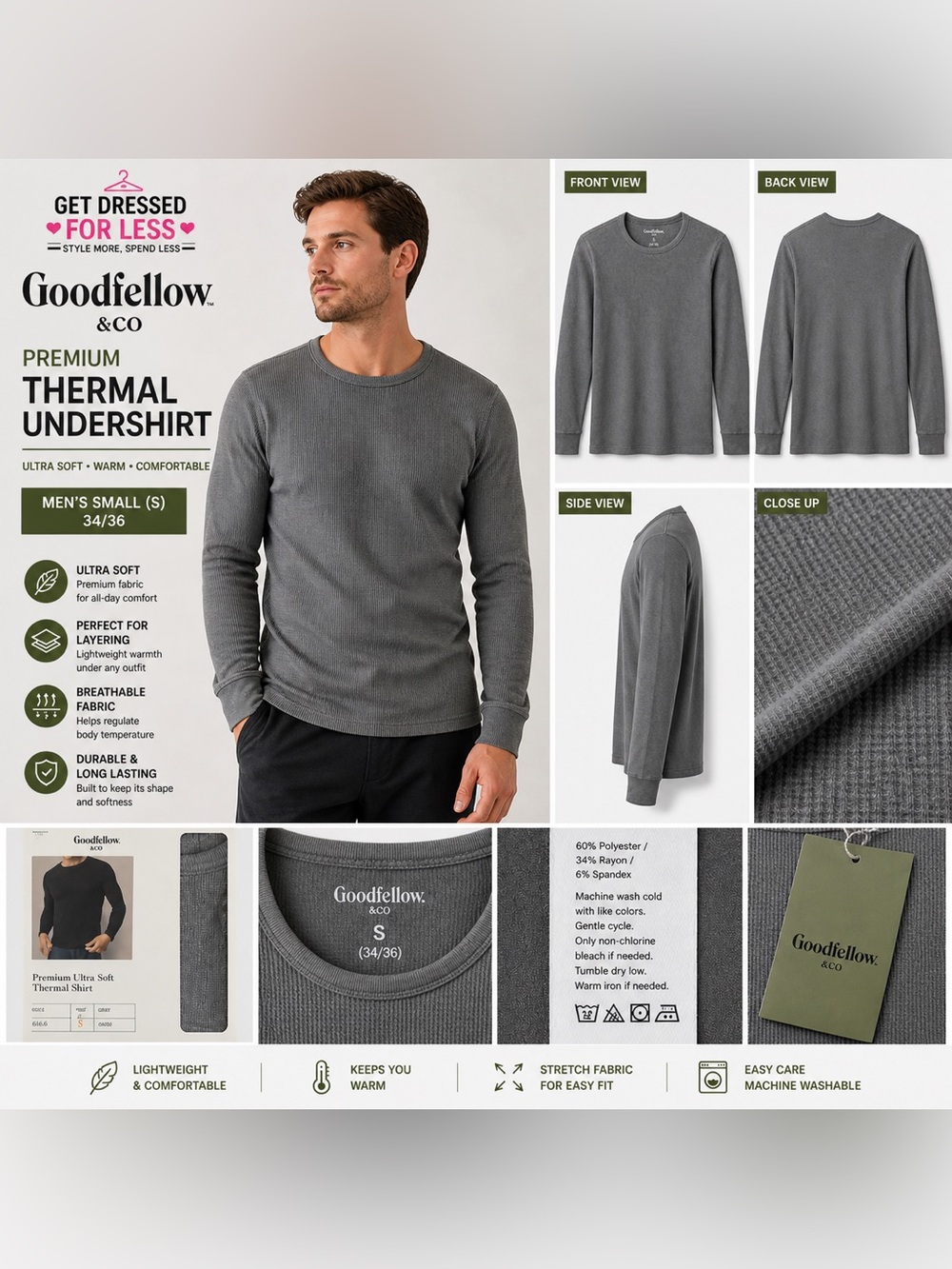 Goodfellow & Co Thermal Shirt Mens Small Gray Ultra Soft Long Sleeve Undershirt